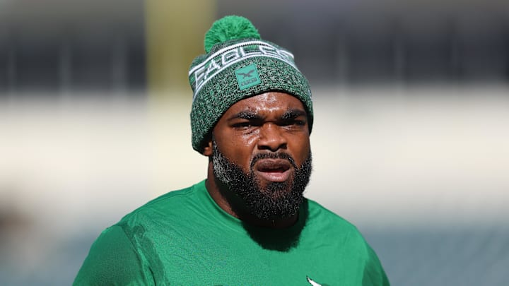 Oct 26, 2025; Philadelphia, Pennsylvania, USA; Philadelphia Eagles defensive end Brandon Graham before a game against the New York Giants at Lincoln Financial Field. Mandatory Credit: Bill Streicher-Imagn Images