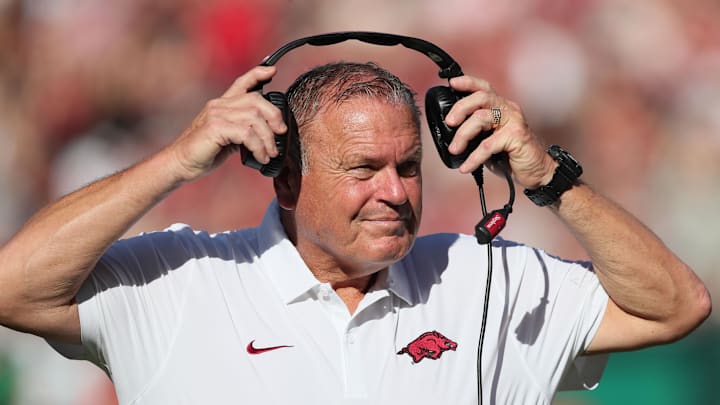  Arkansas Razorbacks coach Sam Pittman during the second quarter against the UAB Blazers at Razorback Stadium in Fayetteville, Ark.