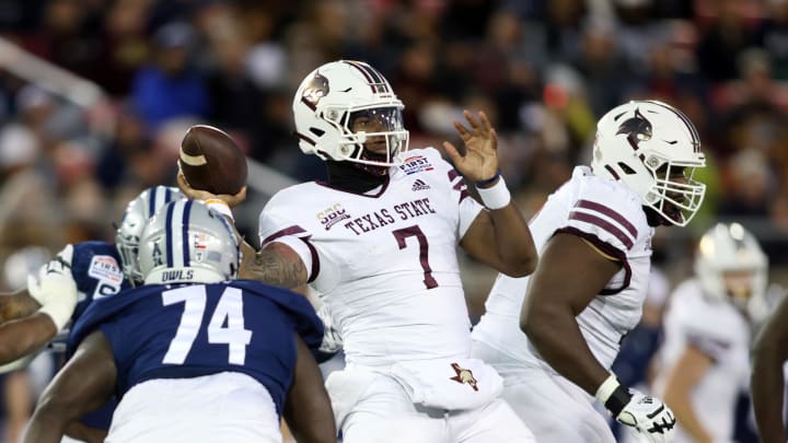 Dec 26, 2023; Dallas, TX, USA; Texas State Bobcats quarterback TJ Finley (7) throws a pass against the Rice Owls in the second quarter at Gerald J Ford Stadium. Mandatory Credit: Tim Heitman-USA TODAY Sports