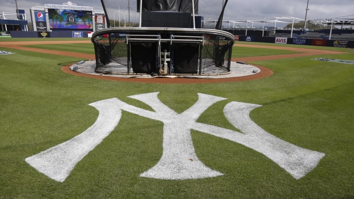 Feb 22, 2017; Tampa, FL, USA; The New York Yankees logo is painted on the field during a rain shortened  MLB spring training workouts at George M. Steinbrenner Field. Mandatory Credit: Reinhold Matay-USA TODAY Sports