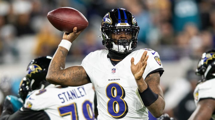 Dec 17, 2023; Jacksonville, Florida, USA; Baltimore Ravens quarterback Lamar Jackson (8) throws the ball against the Jacksonville Jaguars in the second quarter at EverBank Stadium. Mandatory Credit: Jeremy Reper-USA TODAY Sports