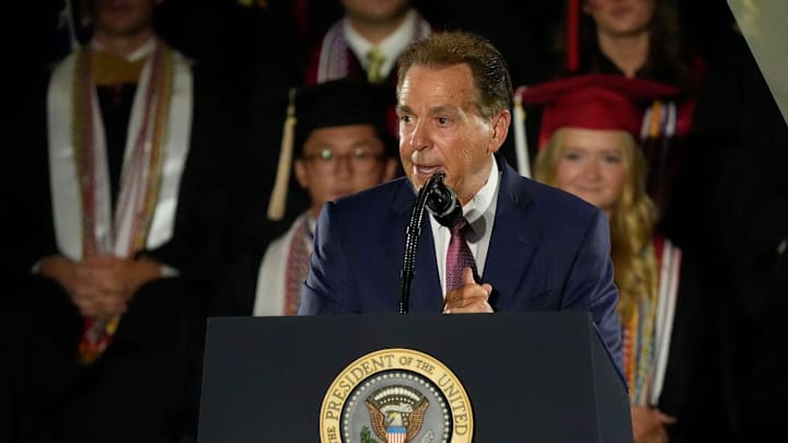 Nick Saban introduces Donald Trump before the president's recent speech in Tuscaloosa, Ala. Nick Saban introduces Donald Trump before the president's recent speech in Tuscaloosa, Ala.