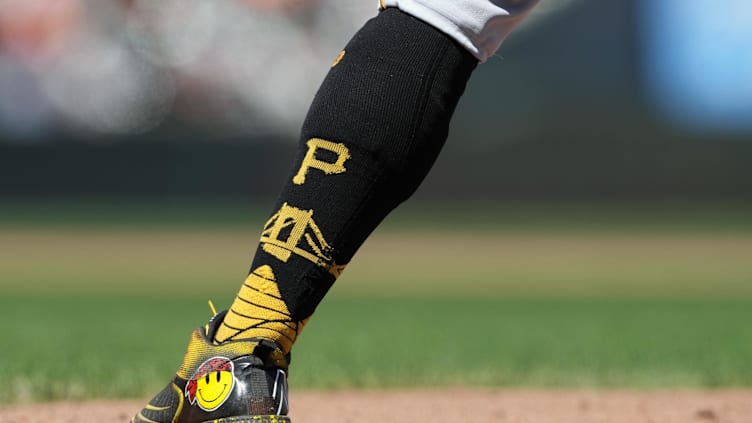 Aug 14, 2022; San Francisco, California, USA; A view of the cleat and sock of Pittsburgh Pirates