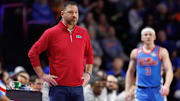 Mar 8, 2025; Gainesville, Florida, USA; Mississippi Rebels head coach Chris Beard looks on against the Florida Gators during the first half at Exactech Arena at the Stephen C. O'Connell Center. Mandatory Credit: Matt Pendleton-Imagn Images