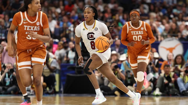 Apr 4, 2025; Tampa, FL, USA;  South Carolina Gamecocks forward Joyce Edwards (8) control the ball against the Texas Longhorns during the third quarter in a semifinal of the women's 2025 NCAA tournament at Amalie Arena. Mandatory Credit: Nathan Ray Seebeck-Imagn Images