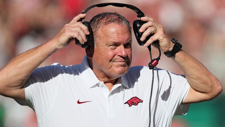 Sep 14, 2024; Fayetteville, Arkansas, USA; Arkansas Razorbacks head coach Sam Pittman during the second quarter against the UAB Blazers at Donald W. Reynolds Razorback Stadium. Mandatory Credit: Nelson Chenault-Imagn Images