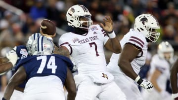 Dec 26, 2023; Dallas, TX, USA; Texas State Bobcats quarterback TJ Finley (7) throws a pass against the Rice Owls in the second quarter at Gerald J Ford Stadium. Mandatory Credit: Tim Heitman-USA TODAY Sports