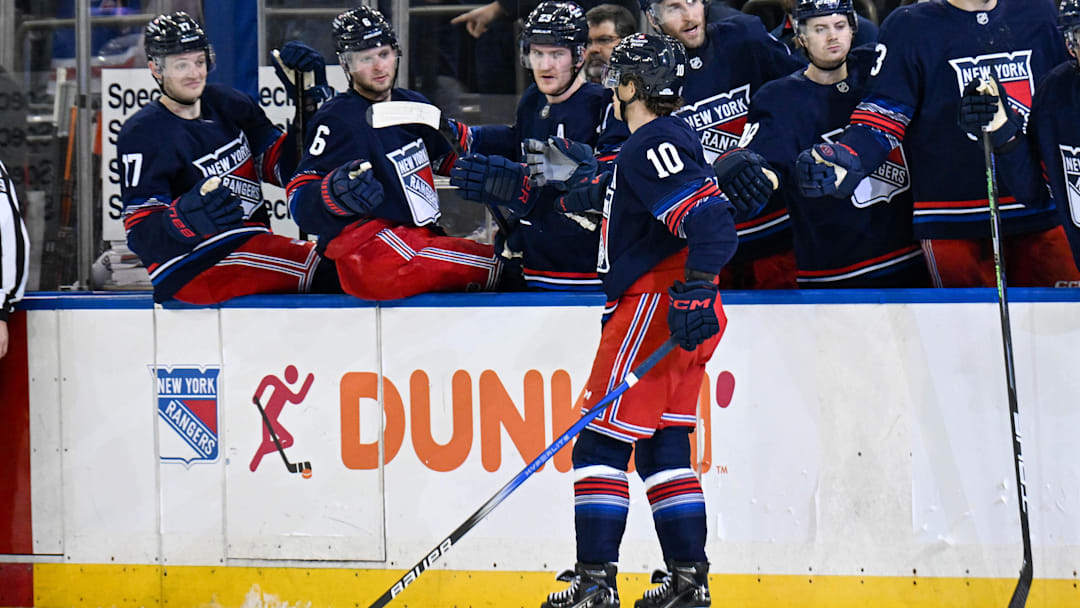 Apr 9, 2025; New York, New York, USA;  New York Rangers left wing Artemi Panarin (10) celebrates his goal against the Philadelphia Flyers during the second period at Madison Square Garden. Mandatory Credit: Dennis Schneidler-Imagn Images