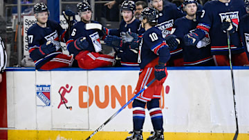 Apr 9, 2025; New York, New York, USA;  New York Rangers left wing Artemi Panarin (10) celebrates his goal against the Philadelphia Flyers during the second period at Madison Square Garden. Mandatory Credit: Dennis Schneidler-Imagn Images
