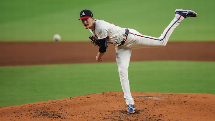Sep 16, 2024; Atlanta, Georgia, USA; Atlanta Braves starting pitcher Max Fried (54) throws against the Los Angeles Dodgers in the third inning at Truist Park. Mandatory Credit: Brett Davis-Imagn Images
