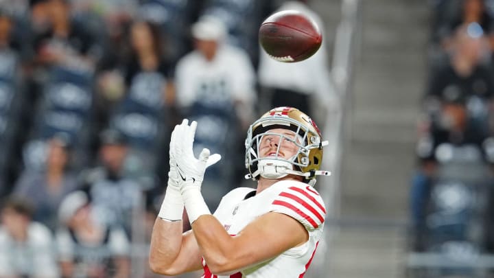 Aug 23, 2024; Paradise, Nevada, USA; San Francisco 49ers tight end Jake Tonges (88) warms up before a game against the Las Vegas Raiders at Allegiant Stadium. Mandatory Credit: Stephen R. Sylvanie-USA TODAY Sports