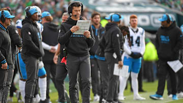 Dec 8, 2024; Philadelphia, Pennsylvania, USA; Carolina Panthers head coach Dave Canales against the Philadelphia Eagles at Lincoln Financial Field. Mandatory Credit: Eric Hartline-Imagn Images