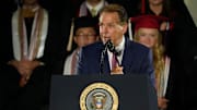 Legendary Alabama football coach Nick Saban introduces President Donald Trump. Trump delivered a special commencement address to University of Alabama graduates at Coleman Coliseum. Graduation occurs over the weekend.