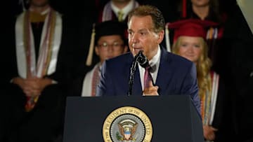 Legendary Alabama football coach Nick Saban introduces President Donald Trump. Trump delivered a special commencement address to University of Alabama graduates at Coleman Coliseum. Graduation occurs over the weekend.