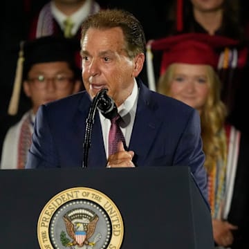 Legendary Alabama football coach Nick Saban introduces President Donald Trump. Trump delivered a special commencement address to University of Alabama graduates at Coleman Coliseum. Graduation occurs over the weekend.