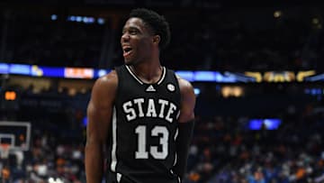 Mar 15, 2024; Nashville, TN, USA; Mississippi State Bulldogs guard Josh Hubbard (13) celebrates after a win against the Tennessee Volunteers at Bridgestone Arena. Mandatory Credit: Christopher Hanewinckel-Imagn Images