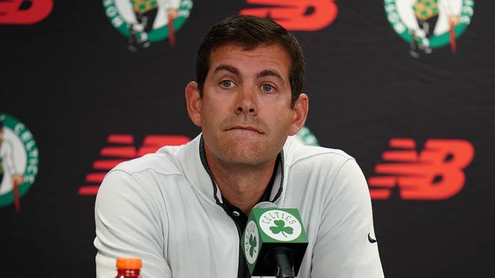 Oct 2, 2023; Boston, Celtics, USA; Boston Celtics president of basketball operations Brad Stevens talks during Boston Celtics Media Day. Mandatory Credit: David Butler II-Imagn Images