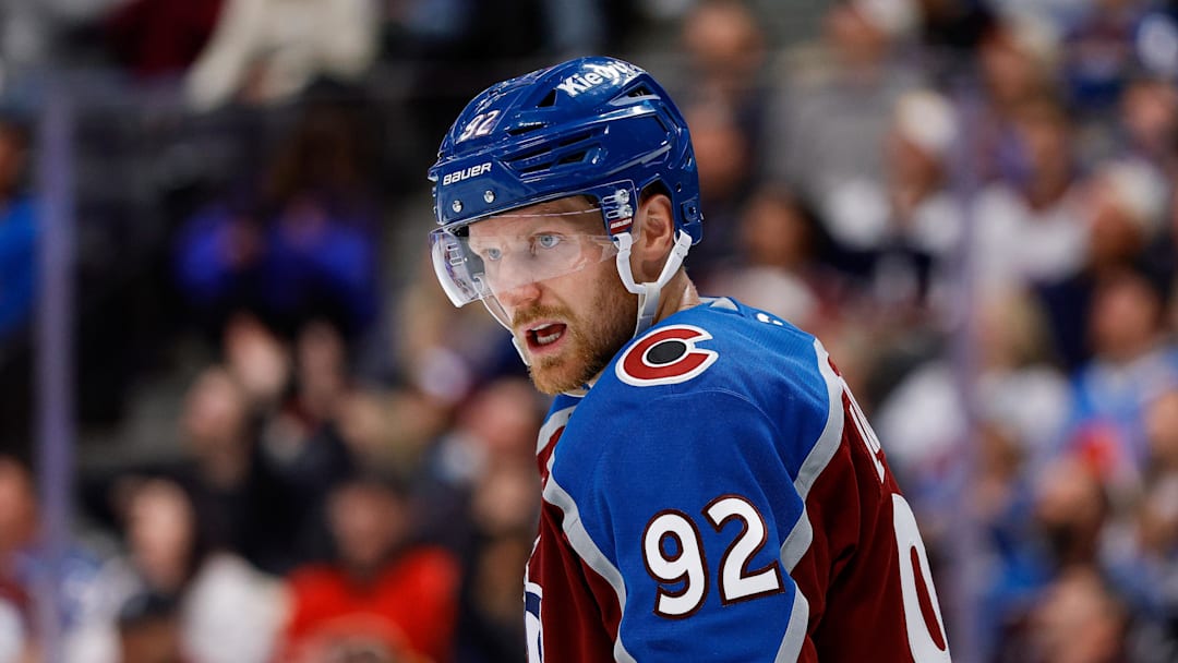 Apr 9, 2026; Denver, Colorado, USA; Colorado Avalanche left wing Gabriel Landeskog (92) in the third period against the Calgary Flames at Ball Arena. Mandatory Credit: Isaiah J. Downing-Imagn Images