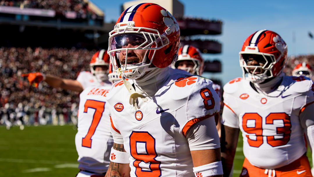 Nov 29, 2025; Columbia, South Carolina, USA; Clemson Tigers cornerback Avieon Terrell (8) celebrates a play against the South Carolina Gamecocks in the first quarter at Williams-Brice Stadium. Mandatory Credit: Jeff Blake-Imagn Images Nov 29, 2025; Columbia, South Carolina, USA; Clemson Tigers cornerback Avieon Terrell (8) celebrates a play against the South Carolina Gamecocks in the first quarter at Williams-Brice Stadium. Mandatory Credit: Jeff Blake-Imagn Images