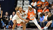 Sep 10, 2025; Uncasville, Connecticut, USA; Atlanta Dream forward Naz Hillmon (00) defends against Connecticut Sun forward Aneesah Morrow (24) during the first half at Mohegan Sun Arena. Eric Canha-Imagn Images