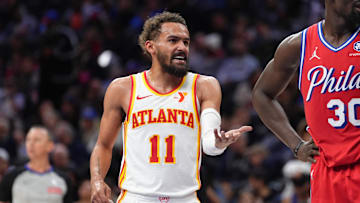 Atlanta Hawks guard Trae Young reacts against the Philadelphia 76ers in the third quarter at Wells Fargo Center