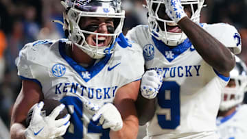 Kentucky tight end Josh Kattus (84) and Kentucky wide receiver Ja'Mori Maclin (9) celebrate after Kattus' touchdown during an NCAA college football game between Tennessee and Kentucky on Saturday, Nov. 2, 2024, in Knoxville, Tenn.
