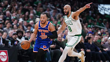 New York Knicks' Jalen Brunson returns the ball against Boston Celtics' Derrick White in the 2025 NBA Playoffs.