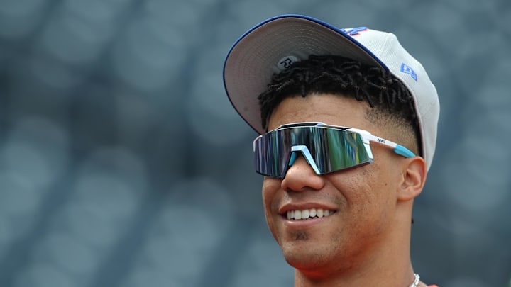 New York Mets right fielder Juan Soto (22) reacts on the field before the game against the Pittsburgh Pirates at PNC Park on June 27. 