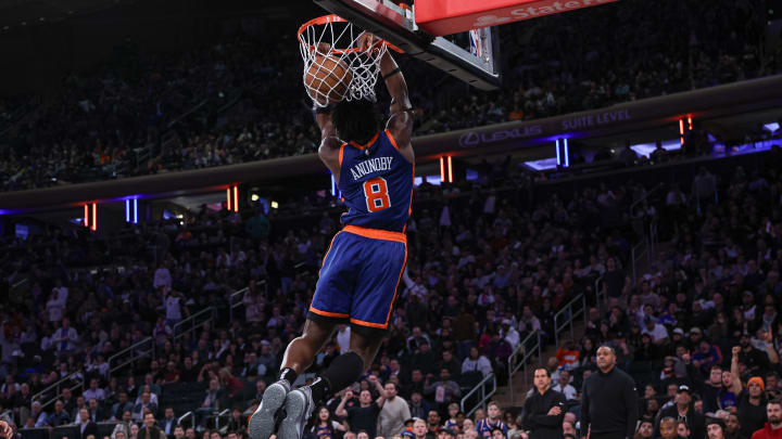 Jan 27, 2024; New York, New York, USA; New York Knicks forward OG Anunoby (8) dunks the ball during