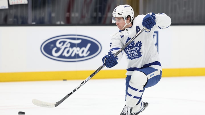 Mar 10, 2025; Salt Lake City, Utah, USA; Toronto Maple Leafs right wing Mitch Marner (16) warms up before a game against the before the game against the Utah Hockey Club at Delta Center. Mandatory Credit: Rob Gray-Imagn Images