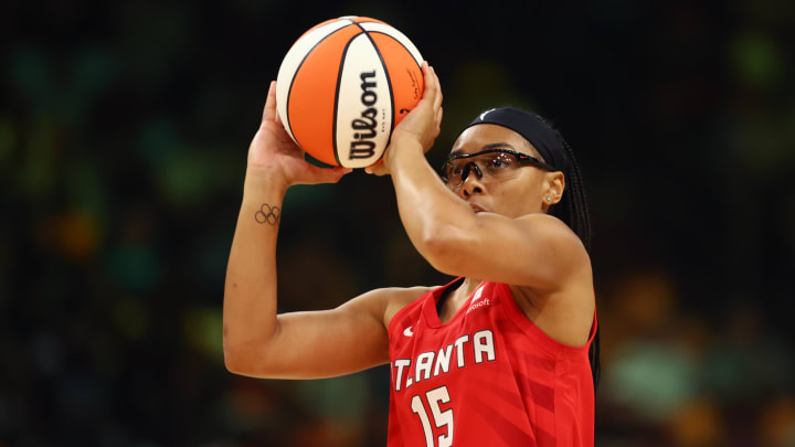 Atlanta Dream player Allisha Gray participates in the 3-point contest 