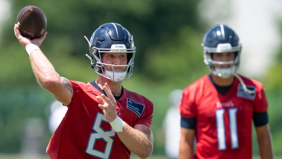 Quarterback Will Levis (8) throws during the Tennessee Titans mandatory mini-camp at Ascension Saint Thomas Sports Park in Nashville, Tenn., Thursday, June 6, 2024. | Denny Simmons / The Tennessean / USA