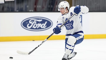 Mar 10, 2025; Salt Lake City, Utah, USA; Toronto Maple Leafs right wing Mitch Marner (16) warms up before a game against the before the game against the Utah Hockey Club at Delta Center. Mandatory Credit: Rob Gray-Imagn Images