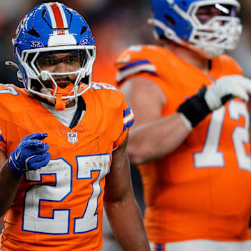 Nov 6, 2025; Denver, Colorado, USA; Denver Broncos running back J.K. Dobbins (27) in the fourth quarter against the Las Vegas Raiders at Empower Field at Mile High. 