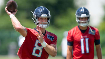 Quarterback Will Levis (8) throws during the Tennessee Titans mandatory mini-camp at Ascension Saint Thomas Sports Park in Nashville, Tenn., Thursday, June 6, 2024.