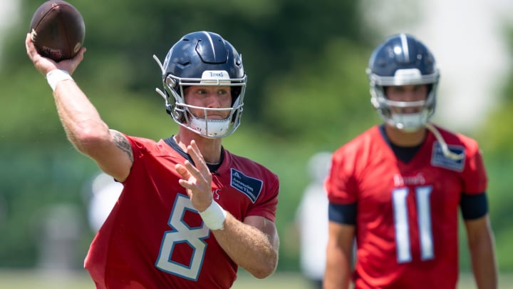 Quarterback Will Levis (8) throws during the Tennessee Titans mandatory mini-camp at Ascension Saint Thomas Sports Park in Nashville, Tenn., Thursday, June 6, 2024.