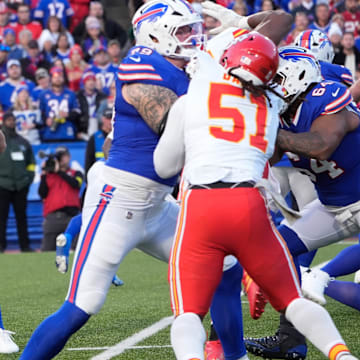 Nov 2, 2025; Orchard Park, New York, USA; Buffalo Bills quarterback Josh Allen (17)  passes the ball in the first quarter against the Kansas City Chiefs
