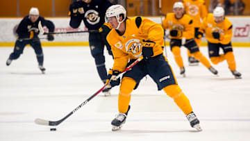 Gold team forward Brady Martin (44) skates with the puck during the Future Stars Game at the Ford Ice Center Bellevue in Nashville, Tenn., Saturday, July 5, 2025.