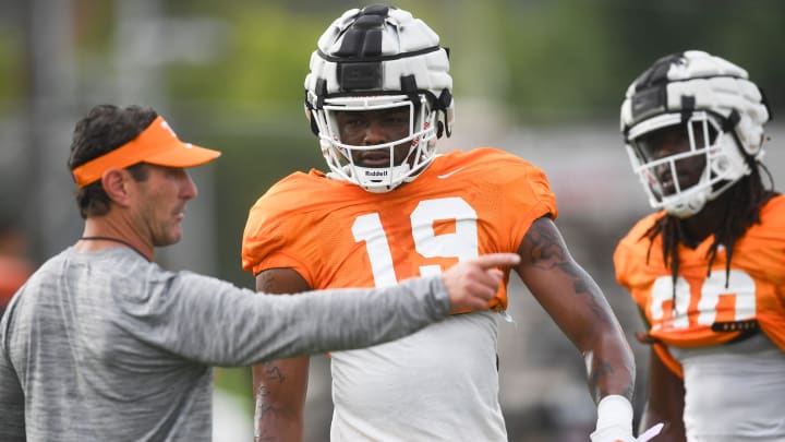 Tennessee defensive lineman Joshua Josephs participates in a drill during a Tennessee Football fall practice, Friday, Aug. 4, 2023.