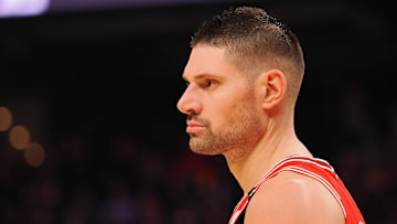 Jan 23, 2025; San Francisco, California, USA; Chicago Bulls center Nikola Vucevic (9) between plays against the Golden State Warriors during the second quarter at Chase Center. Mandatory Credit: Kelley L Cox-Imagn Images