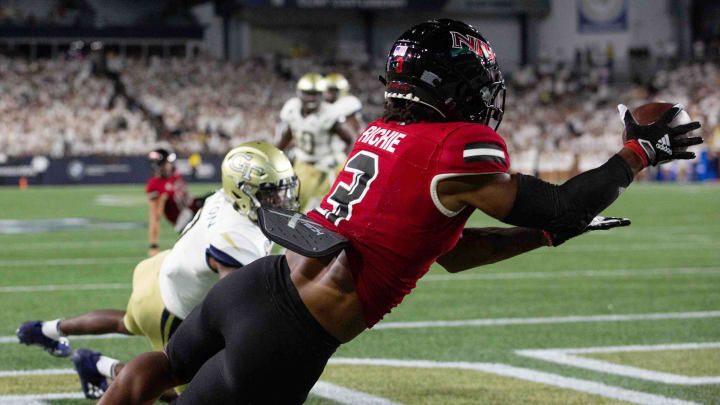 Sep 4, 2021; Atlanta, Georgia, USA; Northern Illinois Huskies wide receiver Tyrice Richie (3) catches a pass for a touchdown against the Georgia Tech Yellow Jackets in the second half at Bobby Dodd Stadium.