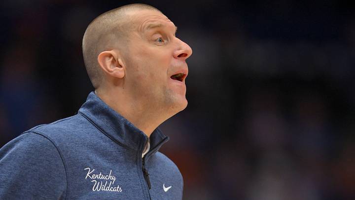 Mar 13, 2026; Nashville, TN, USA;  Kentucky Wildcats head coach Mark Pope yells to his team against the Florida Gators during the first half at Bridgestone Arena. Mandatory Credit: Steve Roberts-Imagn Images