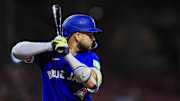 Sep 2, 2025; Cincinnati, Ohio, USA; Toronto Blue Jays shortstop Bo Bichette (11) at bat in the seventh inning against the Cincinnati Reds at Great American Ball Park. Mandatory Credit: Katie Stratman-Imagn Images