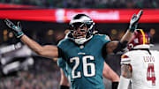 Eagles RB Saquon Barkley rushed for 2,005 yards and finished second in fantasy points among running backs last season.