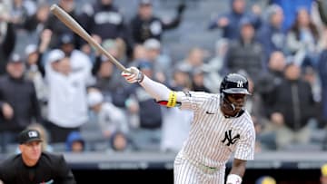 Mar 30, 2025; Bronx, New York, USA; New York Yankees second baseman Jazz Chisholm Jr. (13) watches his three run home run against the Milwaukee Brewers during the seventh inning at Yankee Stadium. Mandatory Credit: Brad Penner-Imagn Images