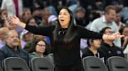 Jun 19, 2025; San Francisco, California, USA; Golden State Valkyries head coach Natalie Nakase yells during the third quarter against the Indiana Fever at Chase Center. Mandatory Credit: Darren Yamashita-Imagn Images