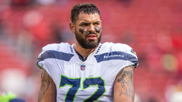 September 18, 2022; Santa Clara, California, USA; Seattle Seahawks offensive tackle Abraham Lucas (72) after the game against the San Francisco 49ers at Levi's Stadium. Mandatory Credit: Kyle Terada-USA TODAY Sports