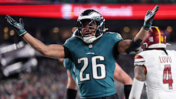 Jan 26, 2025; Philadelphia, PA, USA; Philadelphia Eagles running back Saquon Barkley (26) celebrates after a touchdown against the Washington Commanders during the second half in the NFC Championship game at Lincoln Financial Field.