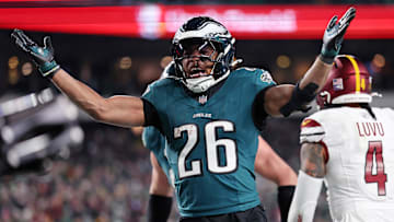 Jan 26, 2025; Philadelphia, PA, USA; Philadelphia Eagles running back Saquon Barkley (26) celebrates after a touchdown against the Washington Commanders during the second half in the NFC Championship game at Lincoln Financial Field. Mandatory Credit: Bill Streicher-Imagn Images