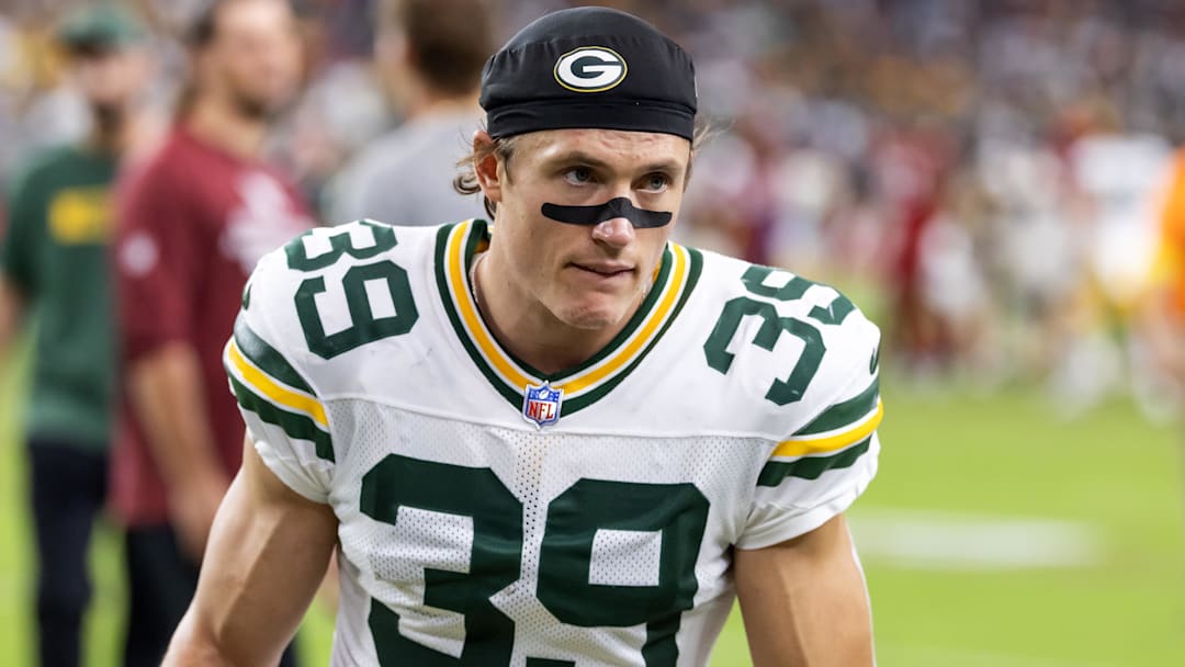 Oct 19, 2025; Glendale, Arizona, USA; Green Bay Packers safety Zayne Anderson (39) against the Arizona Cardinals at State Farm Stadium. Mandatory Credit: Mark J. Rebilas-Imagn Images